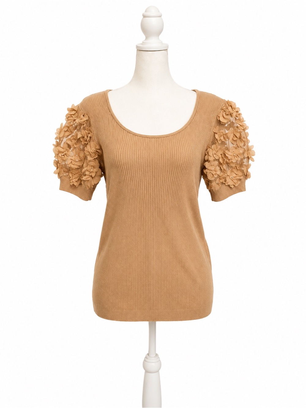 Floral Puff Sleeve Ribbed Top - Camel